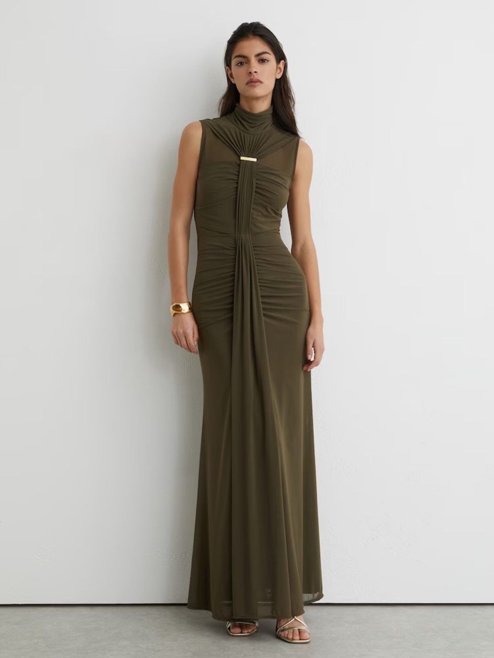 Reiss Olive Green Sleeveless High-Neck Ruched Maxi Dress